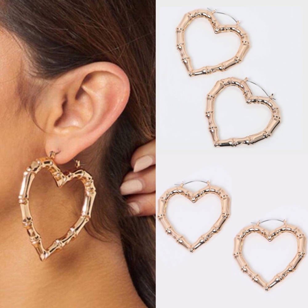 New Shiny Gold Bamboo Heart Earrings